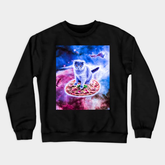 Galaxy Kitty Cat Riding Pizza In Space Crewneck Sweatshirt by Random Galaxy